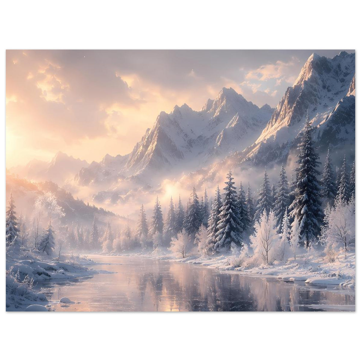 Winterlandschafts-Poster: schneebedeckte Berge und Tannen, spiegelnder Fluss und Morgenhimmel