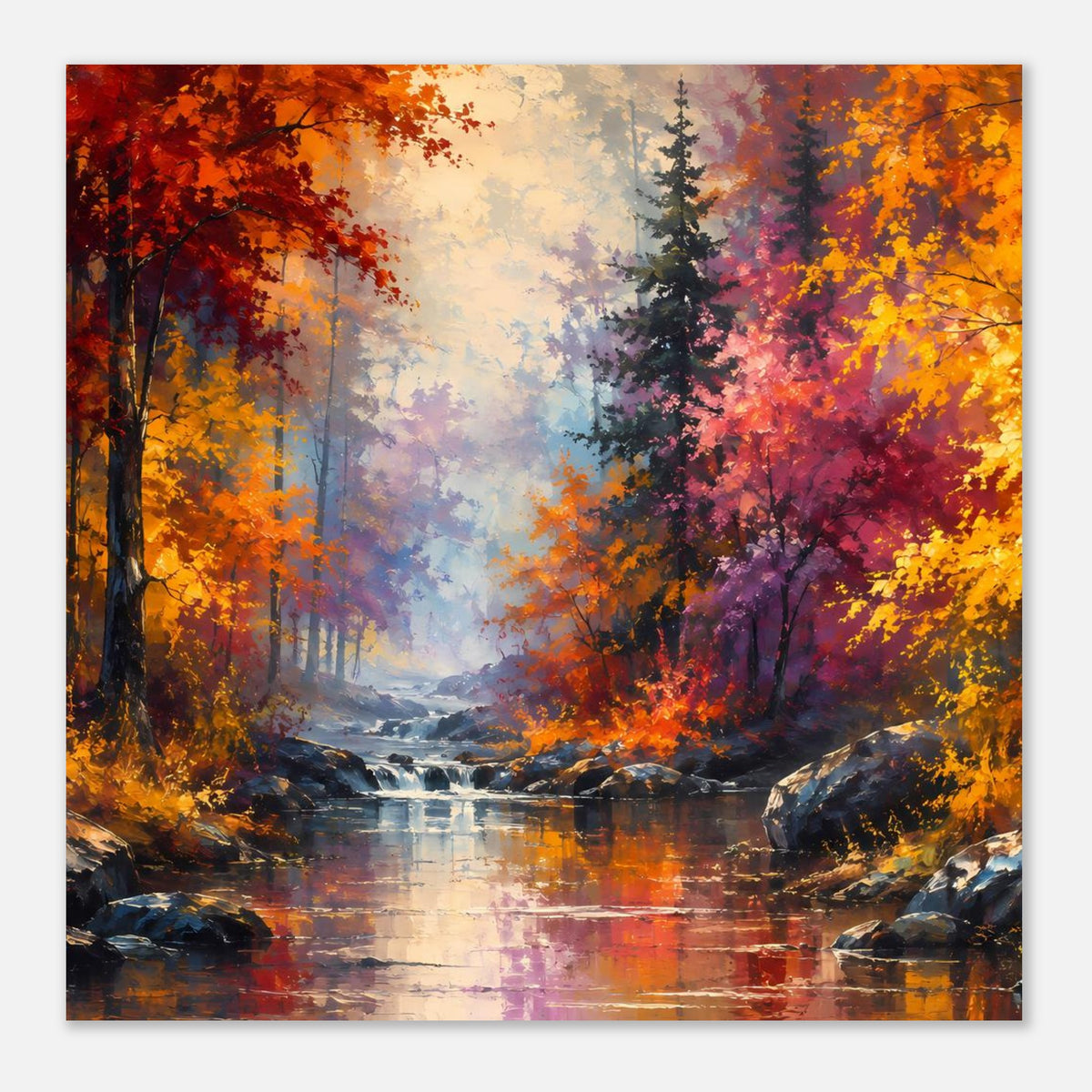 Herbstwald-Panorama-Poster mit ruhigem Fluss, Herbstbäumen und Lichtstimmung, Breitformat