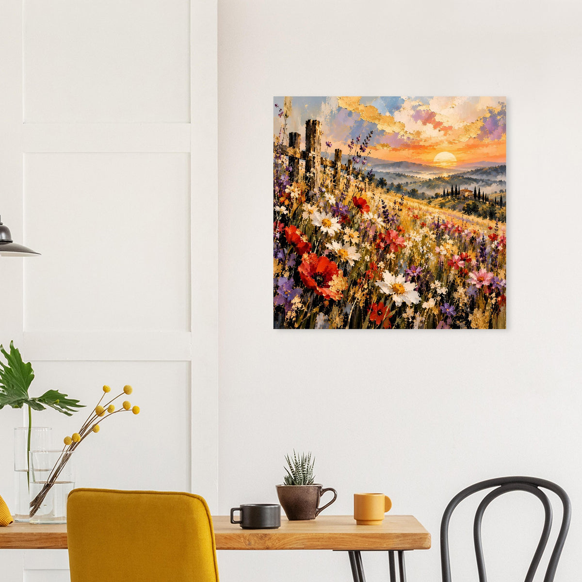 Gerahmtes Blumen-Landschaftsposter: farbenfrohe Wiese mit roten Mohnblumen und Sonnenuntergang