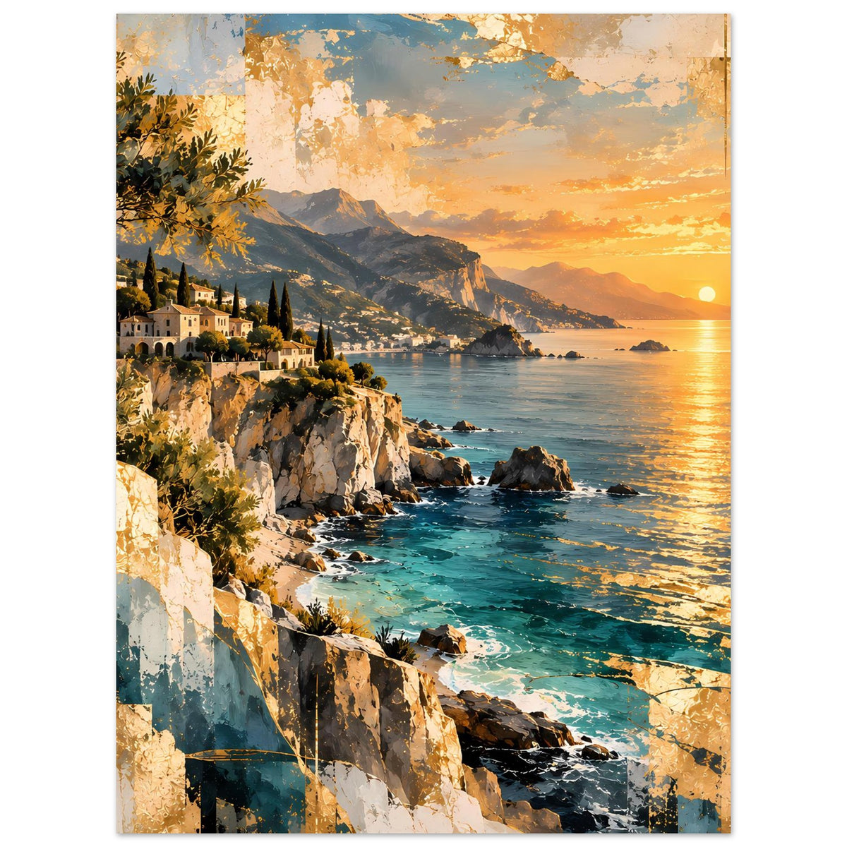 Sonnenuntergangs-Poster mit Küstenfelsen, türkisfarbenem Wasser und Häusern am Hang