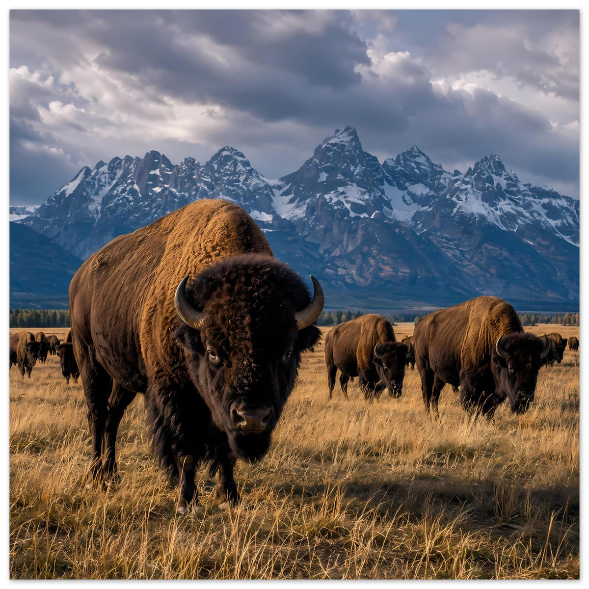 Bisonherden-Poster: Vordergrundbison mit mehreren Tieren in einer Berglandschaft