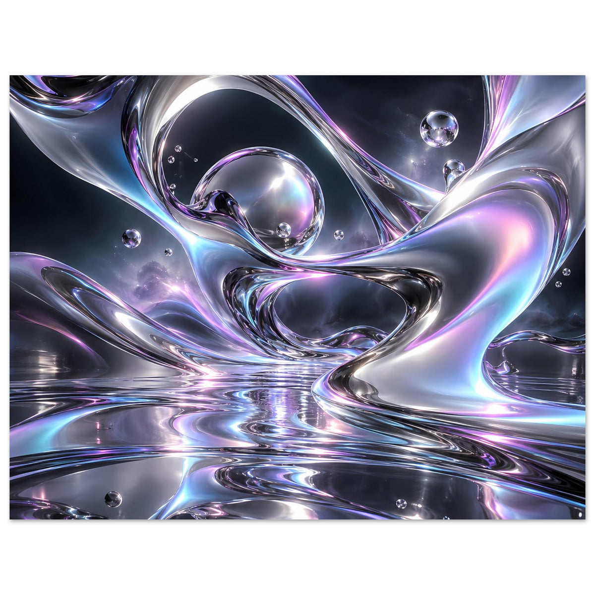 Poster im Querformat: Liquid-Chrome Wirbel mit silbernen Reflexen, blau-violetten Akzenten und Blasen