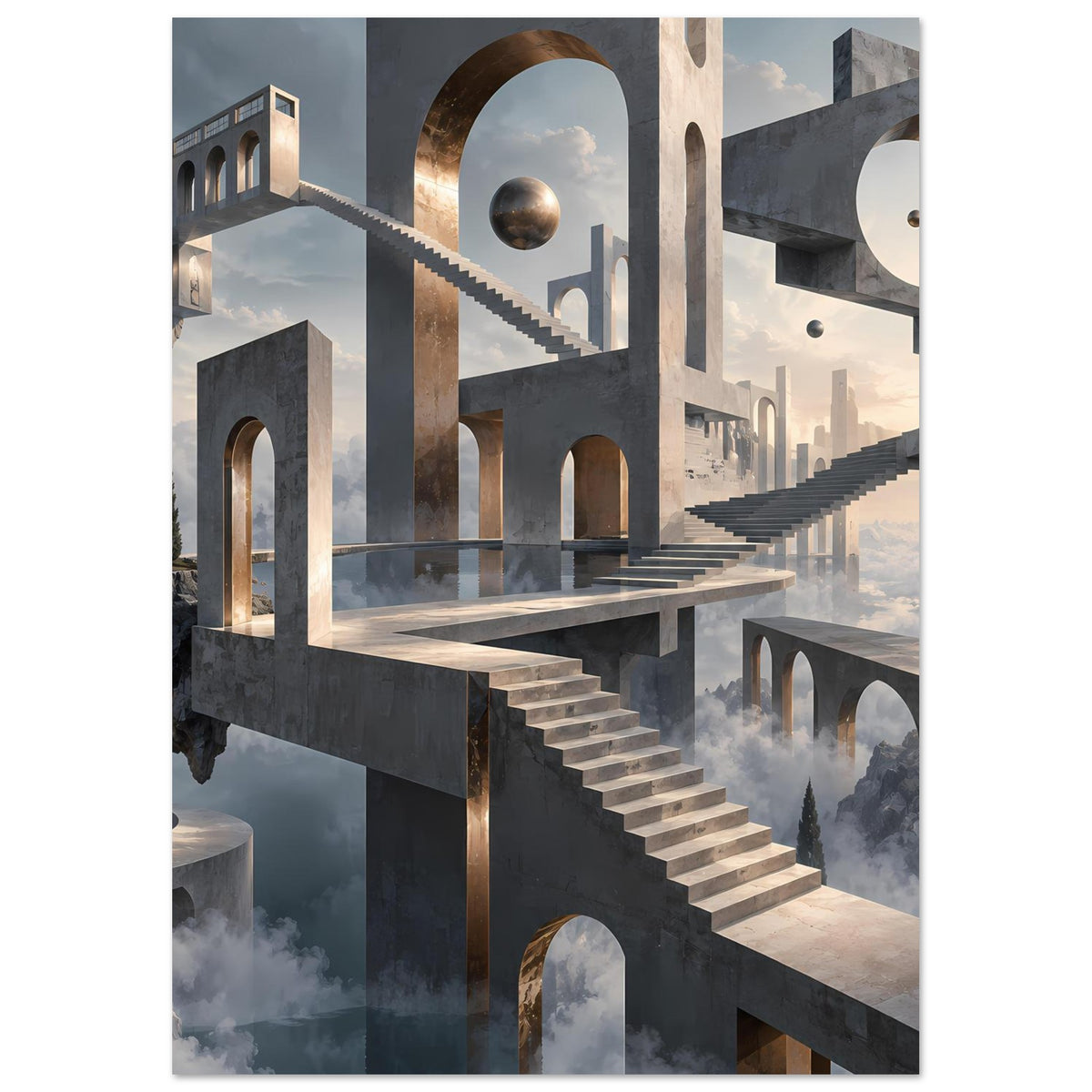 Architekturposter: Treppenanlage zwischen Säulen, goldener Bogen und schwebende Kugel.