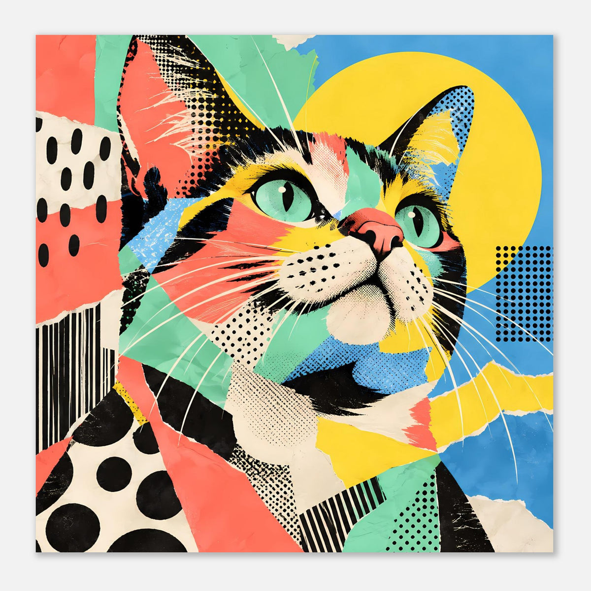 Pop-Art-Katzenposter im Querformat mit bunten Farbfeldern, Punkten und Grafiklinien