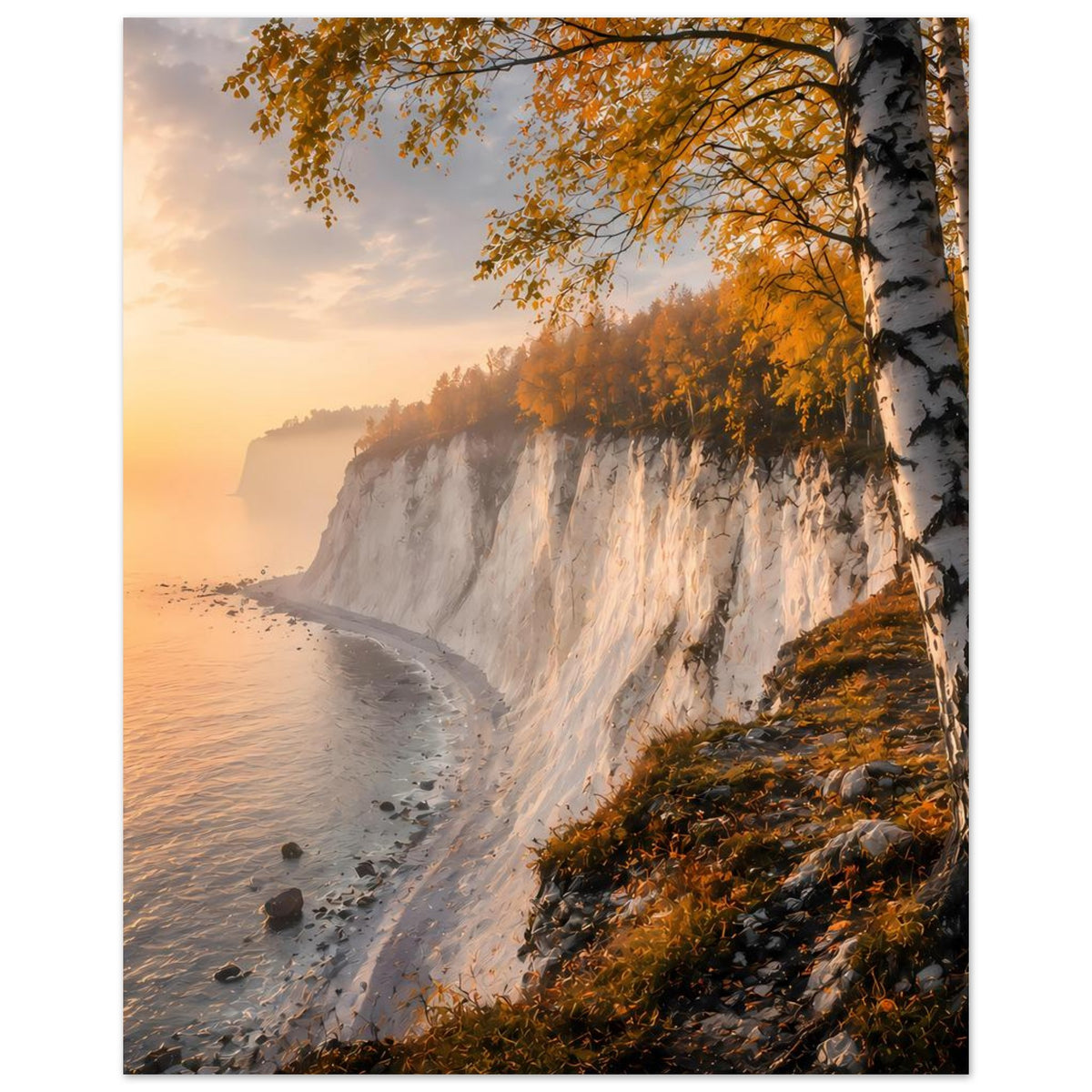 Poster mit Klippenküste im Herbst: Birkenstämme rechts, Felswand und ruhiges Meer