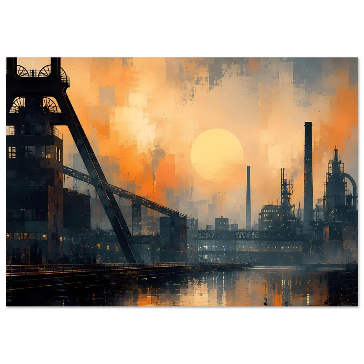 Industriepanorama-Poster im Querformat: dunkle Brückenstruktur links, orangefarbene Dämmerung