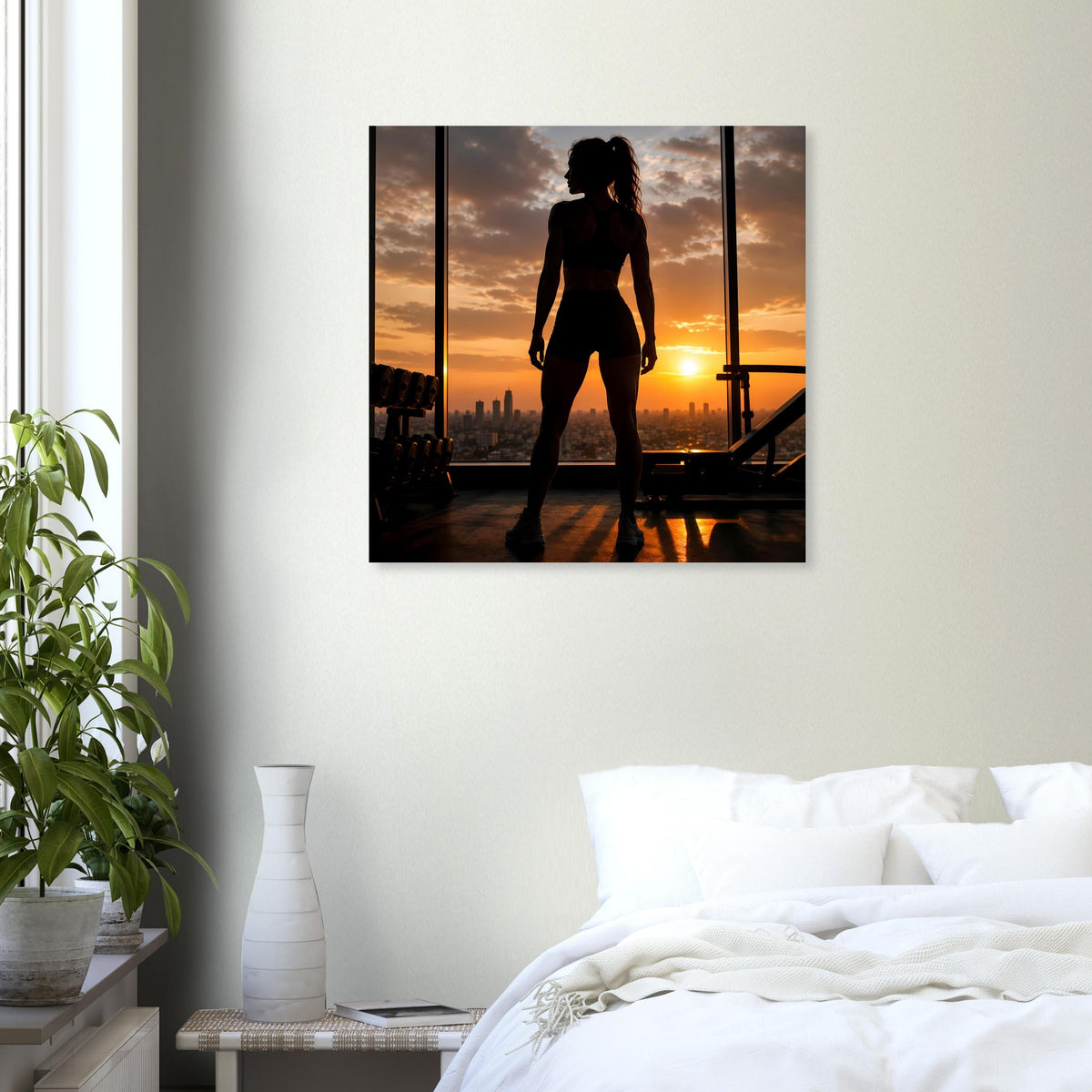 Gerahmtes Wandposter mit Silhouette einer Sportlerin beim Lauf vor Sonnenuntergang