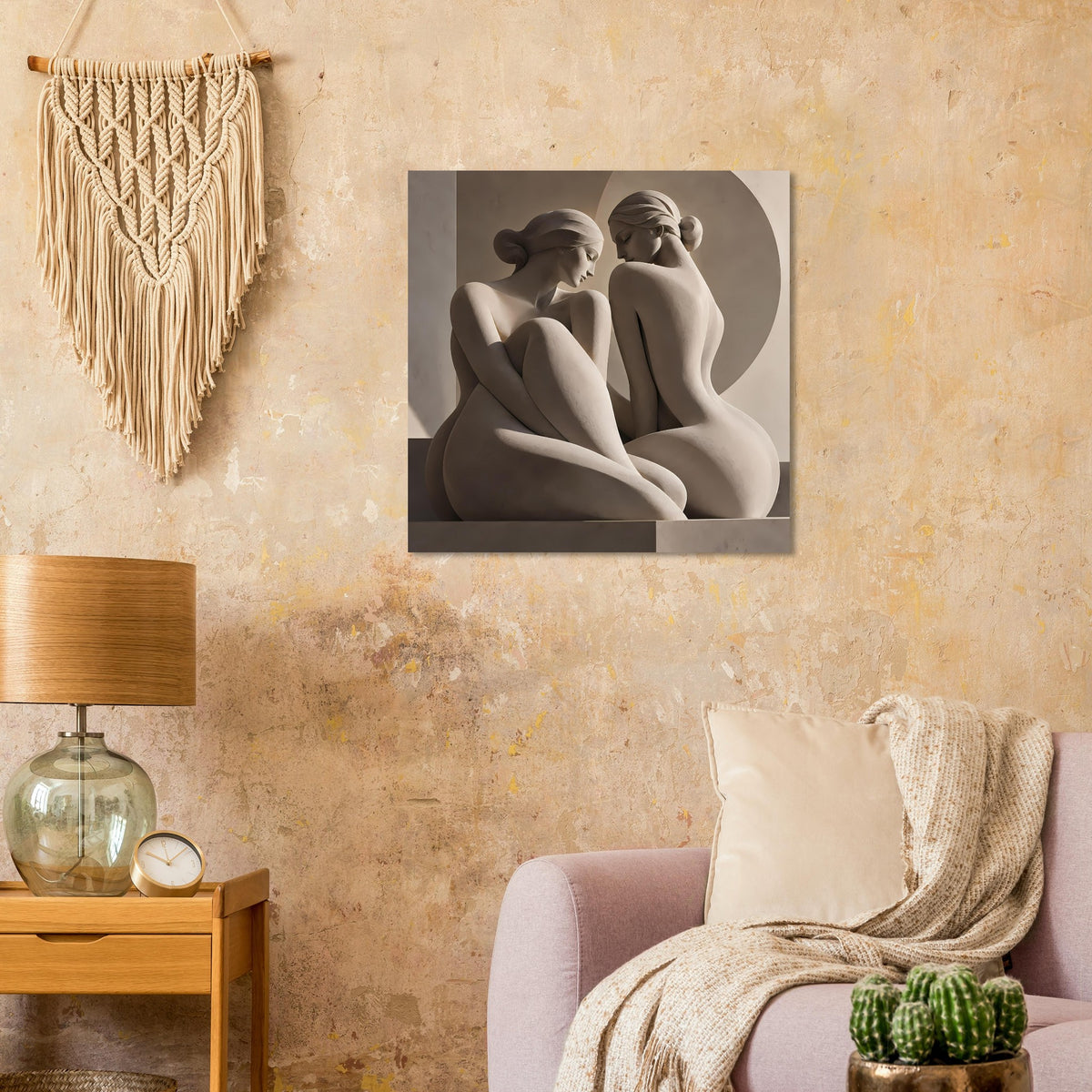 Wand-Kunstposter mit zwei skulpturalen Aktfiguren, beiges Grauton-Foto im Rahmen