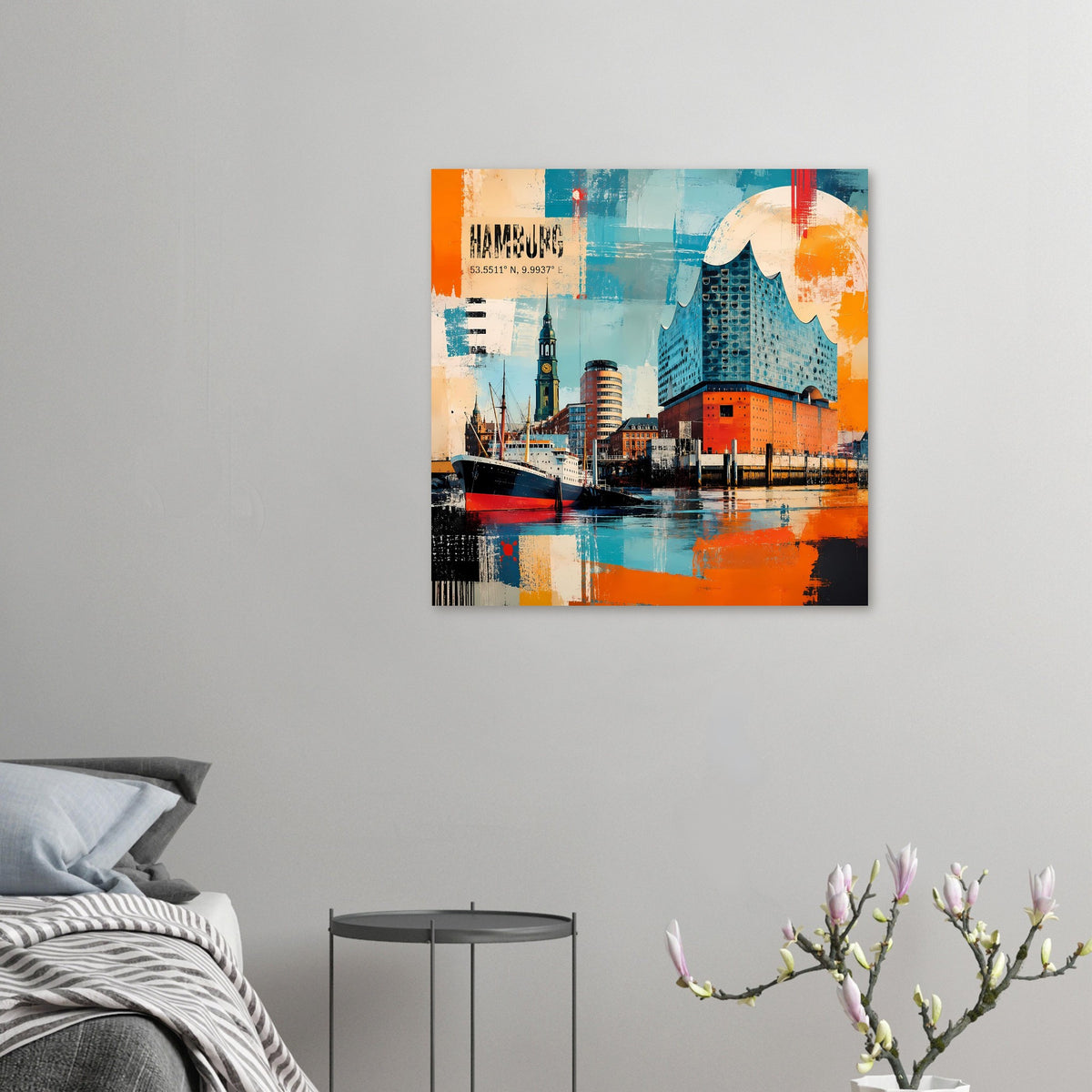 Kleines Hamburg-Poster: Elbphilharmonie und Hafen mit türkis-orangefarbener Gestaltung