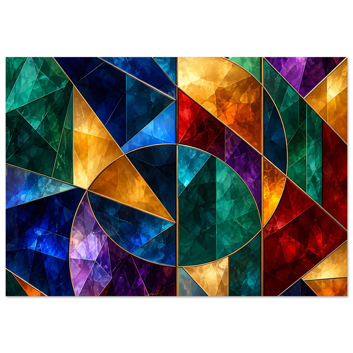 Geometrisches Buntglas-Poster (Breitformat) mit Dreiecksgitter und gelbem Kreisabschnitt.