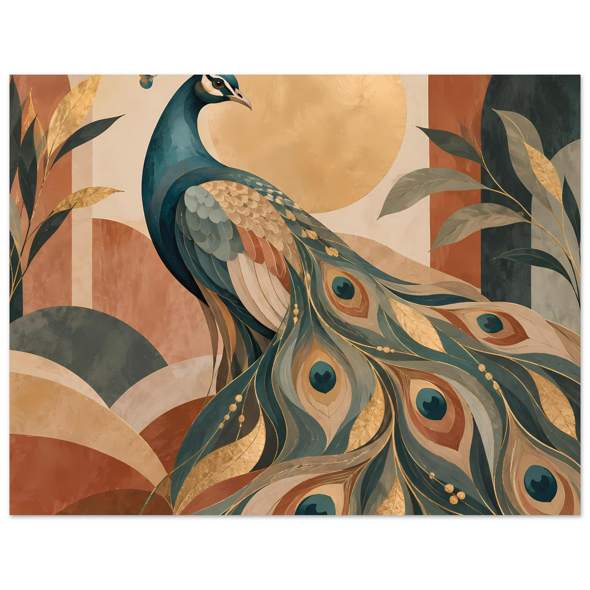 Pfauenposter: Pfau mit blaugrünem Körper und Fächerschwanz, warmes Erdtonbild