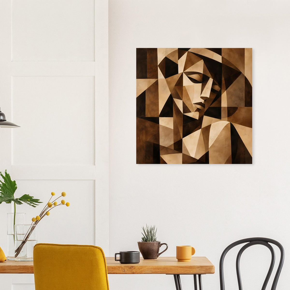Kubistisches Kunstposter mit geometrischem Porträt, Braun- und Beige-Töne