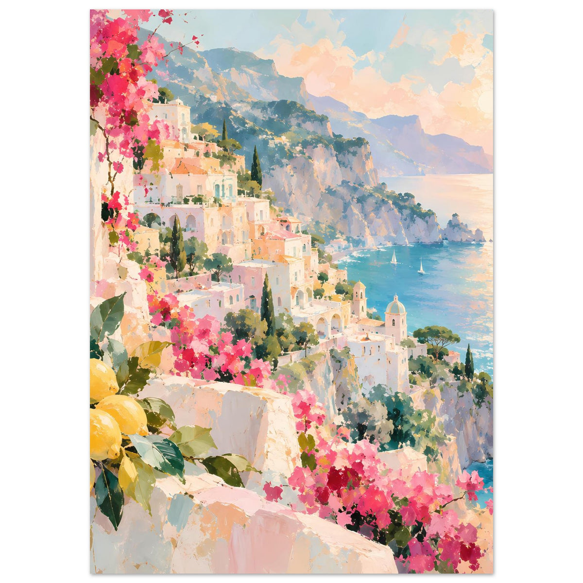 Vertikales Poster mit mediterraner Bucht, pastellfarbenen Gebäuden, pinken Blüten und Meer