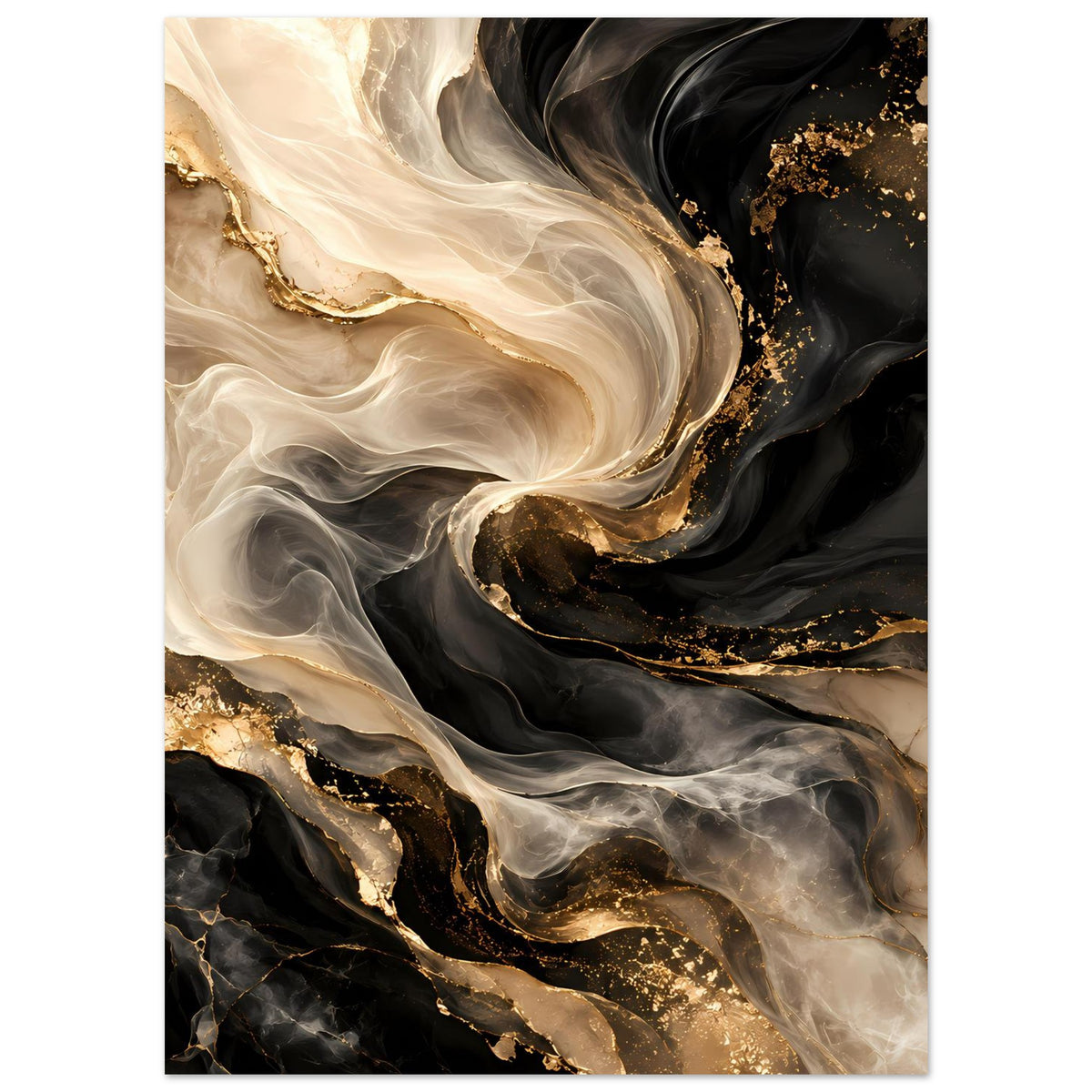 Abstraktes Poster im Hochformat mit gold schimmernden Linien, dunklen Wirbeln und hellen Schlieren