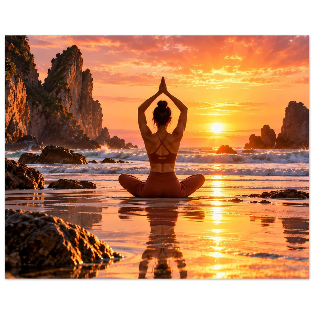 Yoga-Poster (quer) mit meditierender Person, goldener Himmel über Küste und Klippen