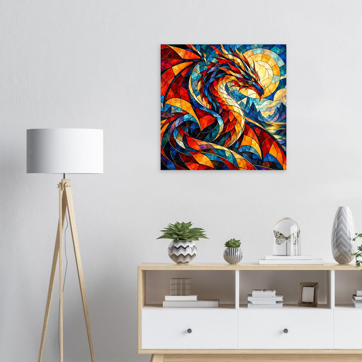 Quadratisches Drachen-Glasmalerei-Poster mit buntem, leuchtendem Drachenmotiv