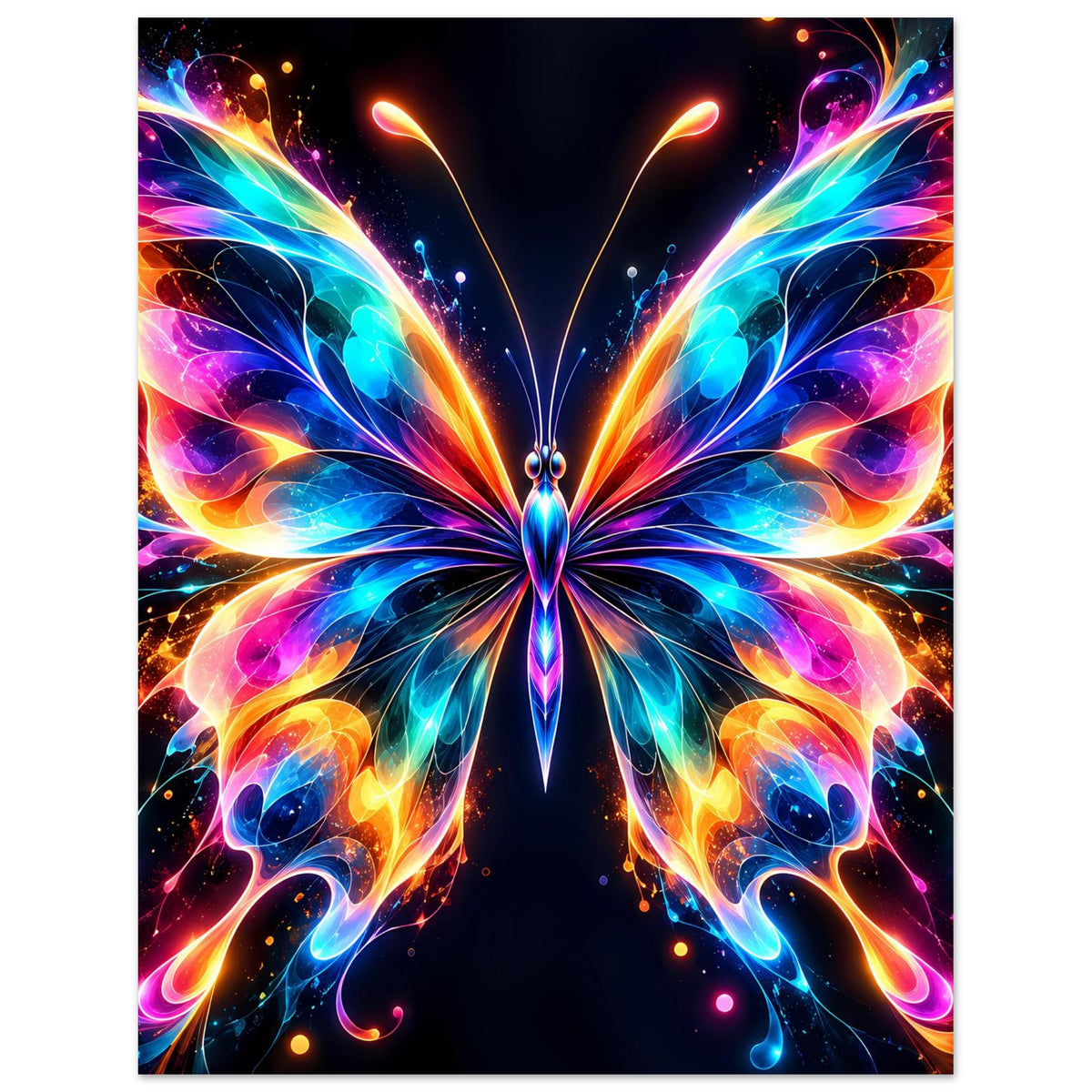 Schmetterlingsposter mit zentralem Motiv, leuchtende Neonflügel und farbige Konturen