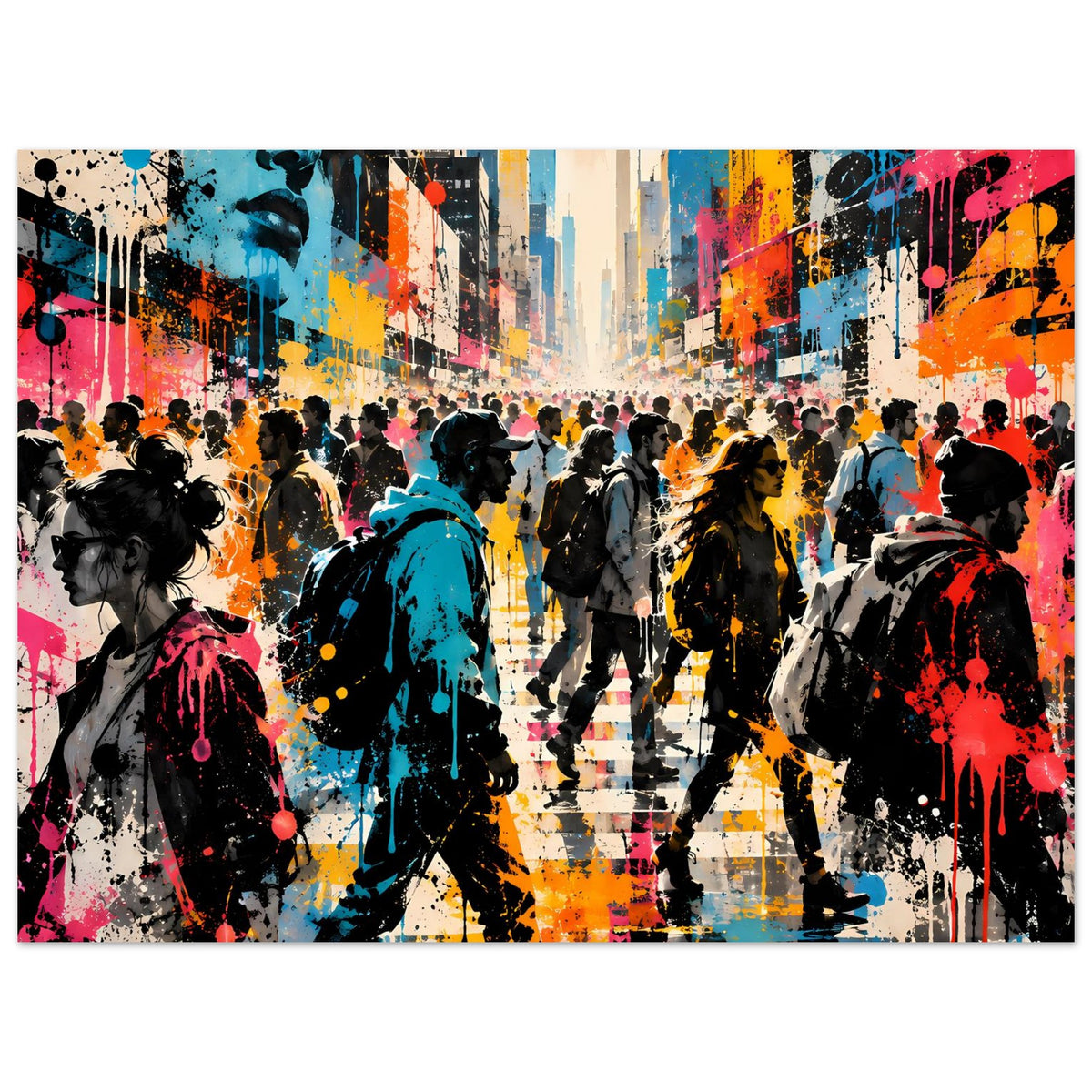 Street-Art-Poster im Querformat mit buntem City-Artwork, Menschenmenge, dunklen Konturen und Spritzern