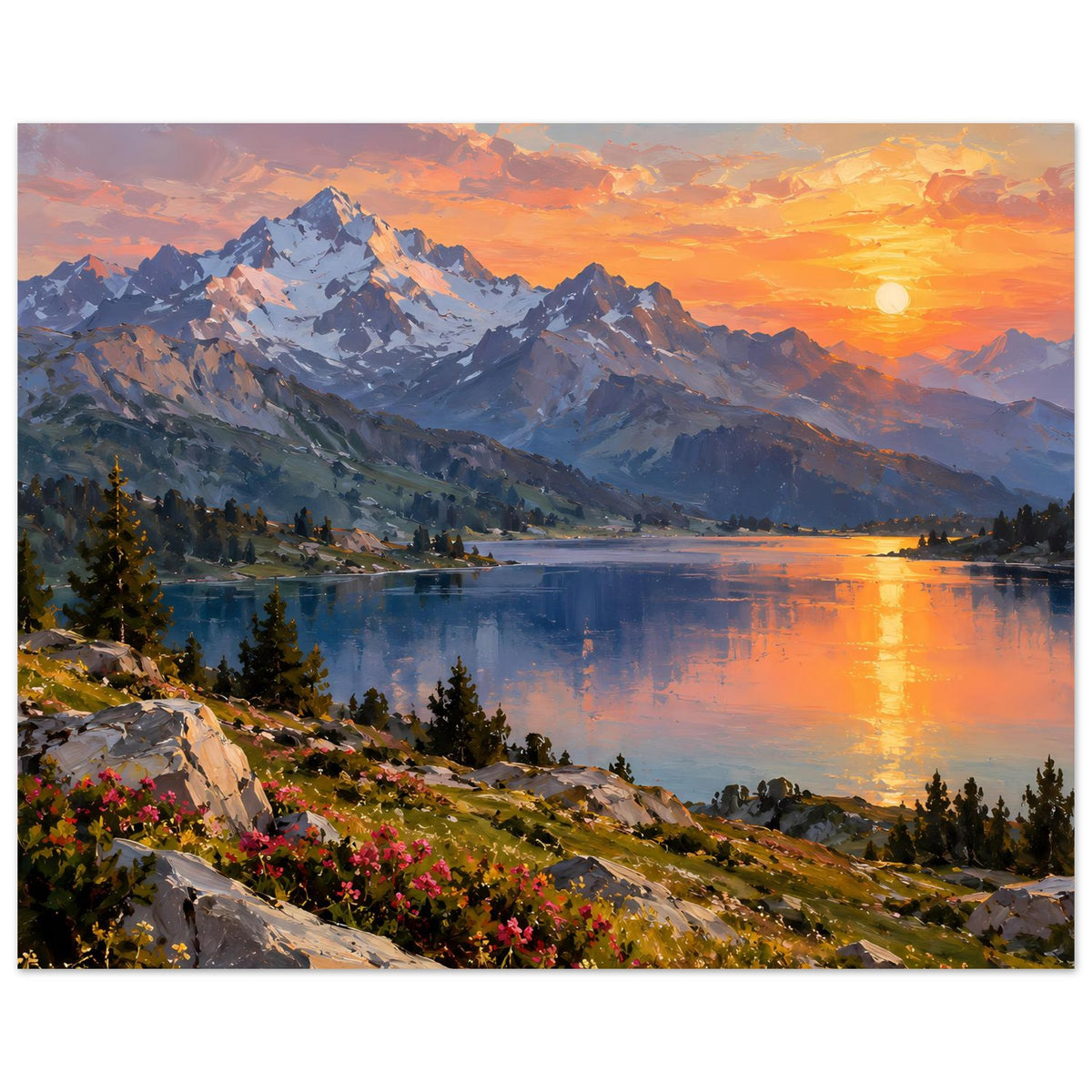 Poster mit Bergsee bei Sonnenuntergang, Reflexionen im Wasser und Nadelbäume am Ufer