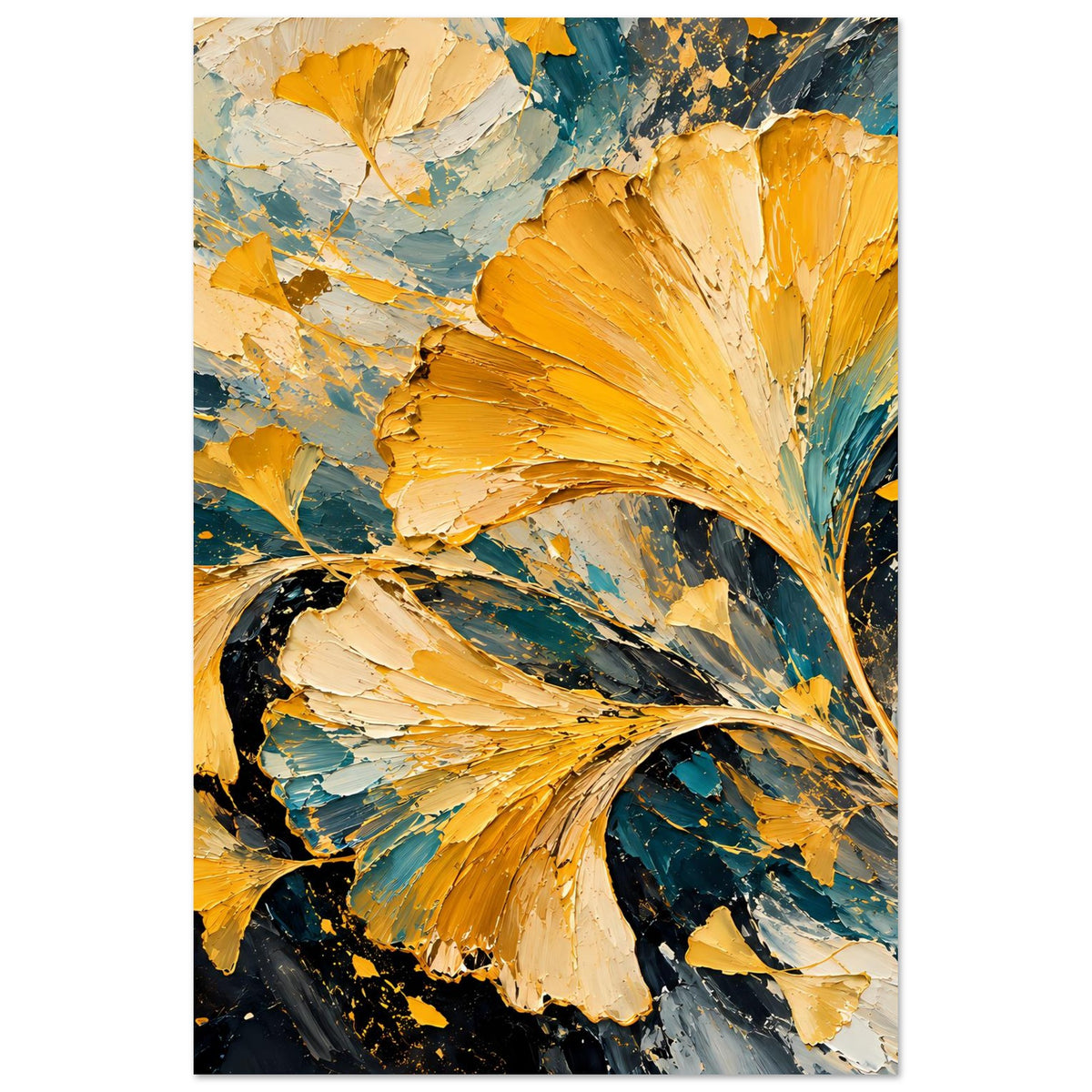 Ginkgo-Blatt-Poster im Hochformat mit goldenen Akzenten, türkisblauen Flächen und dunklen Spritzern