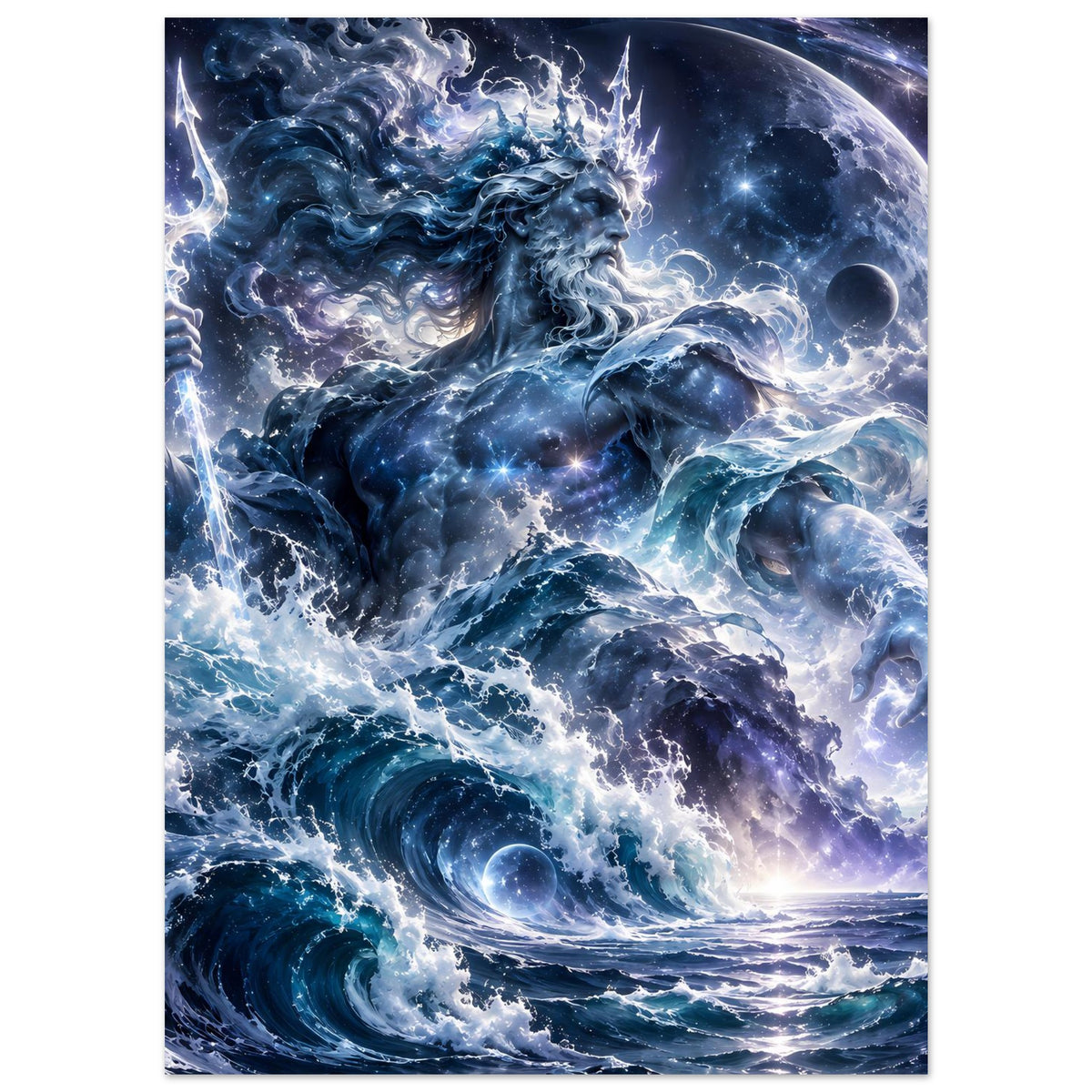 Ozean-Gott Poster im Hochformat mit sternenhellen Wassertwists, Blitzen und Planetenmond.