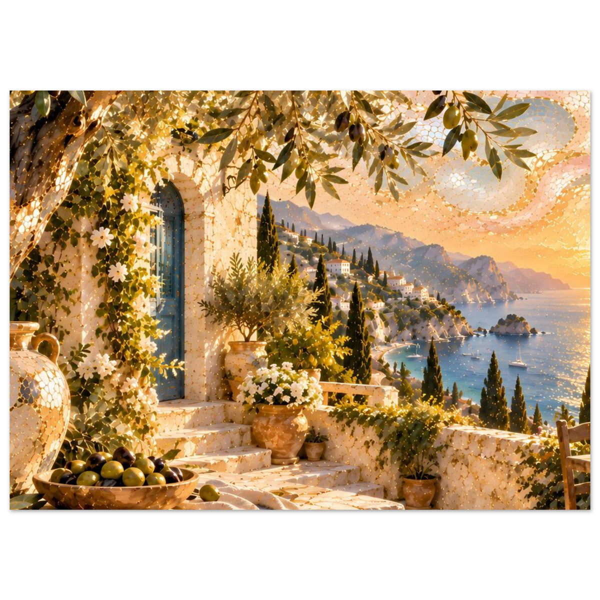 Wandkunst-Print mit Säulenbogen, Oliven-Schale und Terrassentisch, Blick auf das Meer