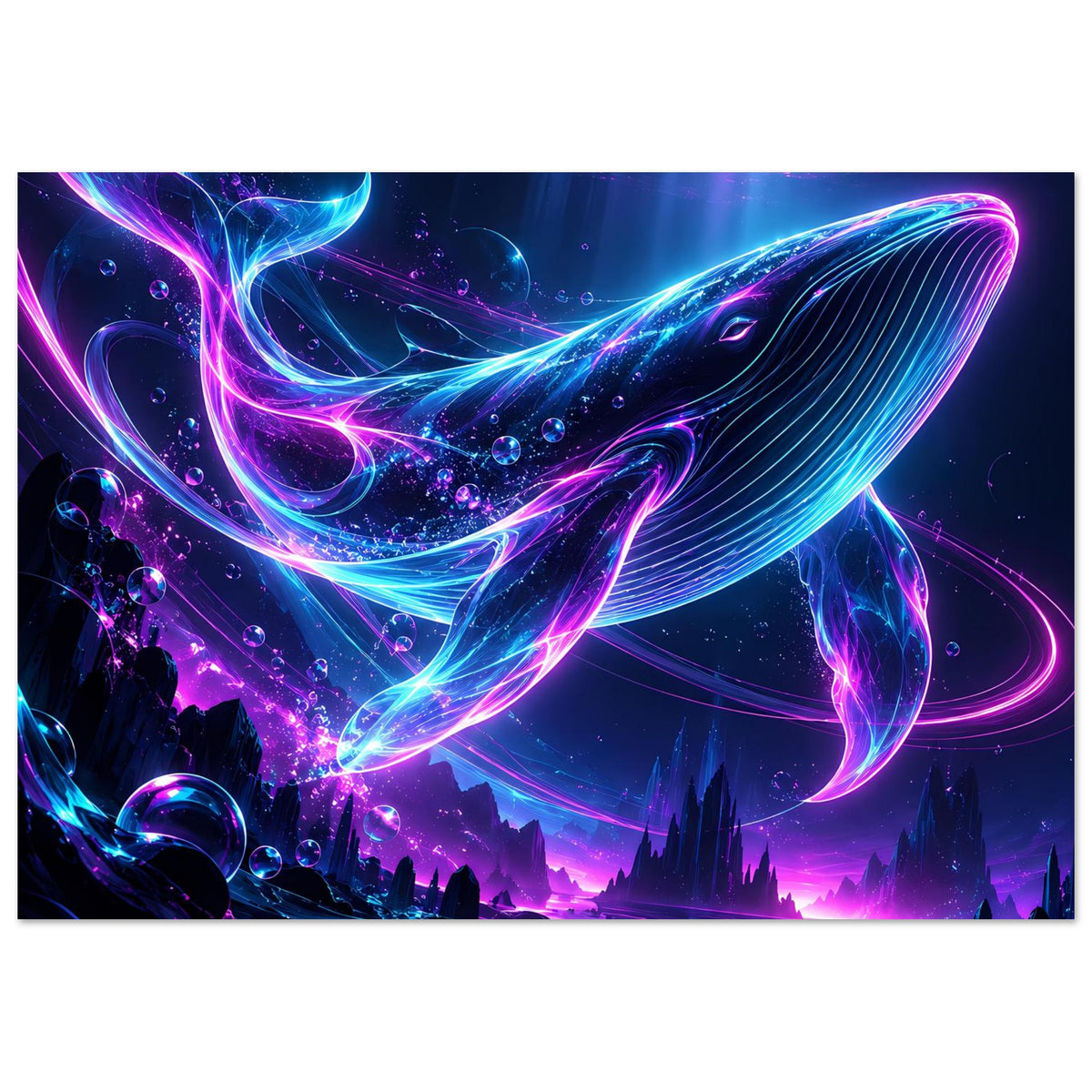 Horizontales Poster: großer Neon-Wal in Pink und Blau, Wasserwirbel