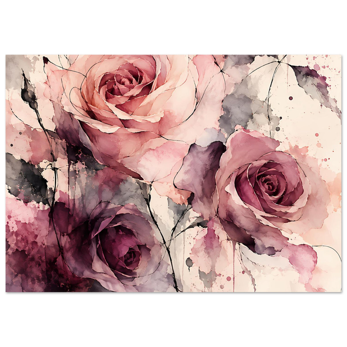 Horizontales Poster mit Aquarell-Rosen, drei Blüten und florale Linien