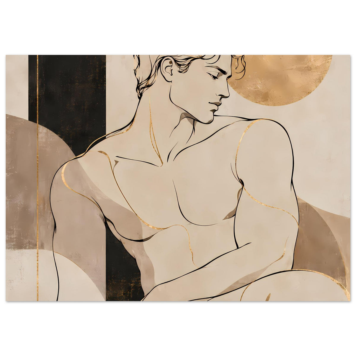 Kunstposter mit seitlich liegender Aktfigur, warmes Erdfarbmuster und goldene Akzente
