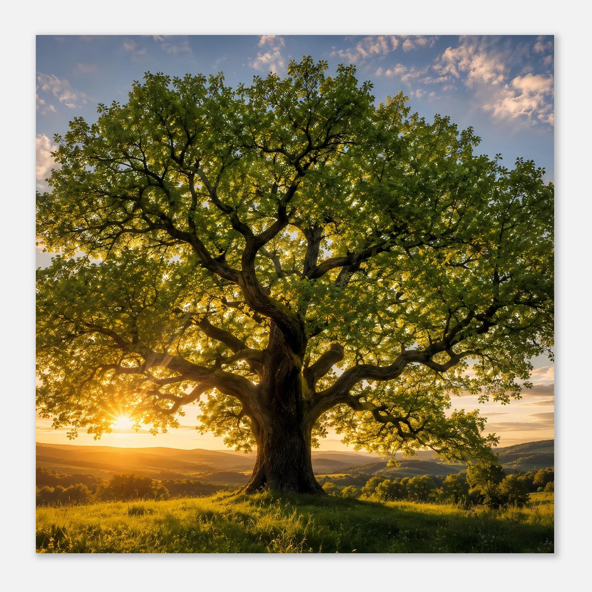 Poster mit Baum im Sonnenlicht, grünes Blätterdach und goldener Horizont