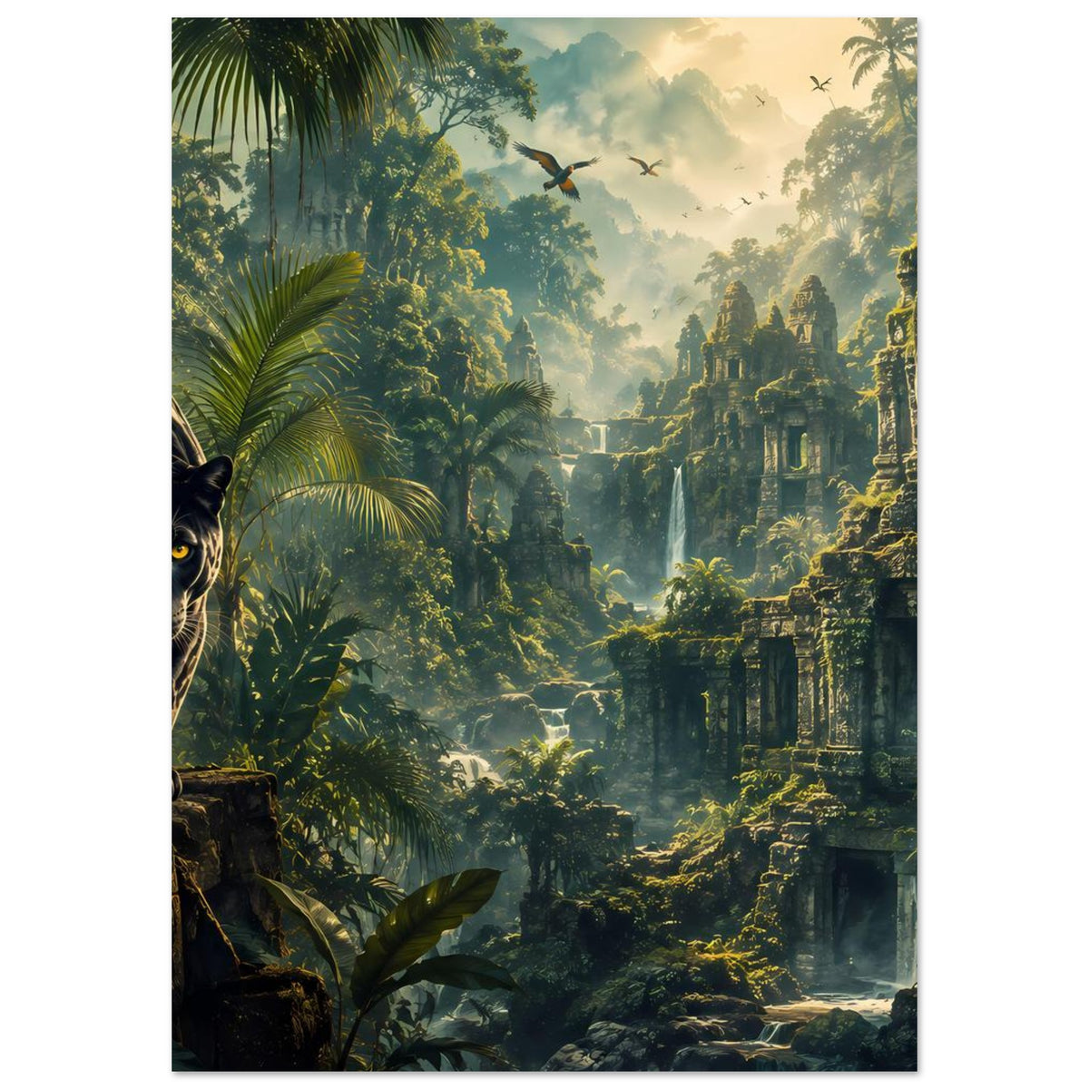 Hochformat-Poster: Dschungelruinen mit Panther links angeschnitten, Palmen, Wasserfall im Hintergrund