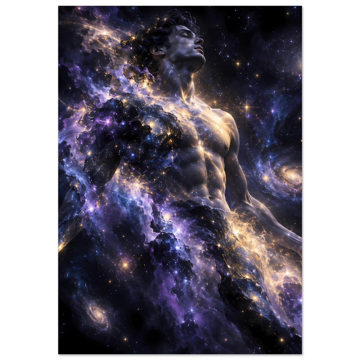 Galaxienposter: Frauenkopf und Oberkörper in violettem Sternenmeer mit goldenem Licht