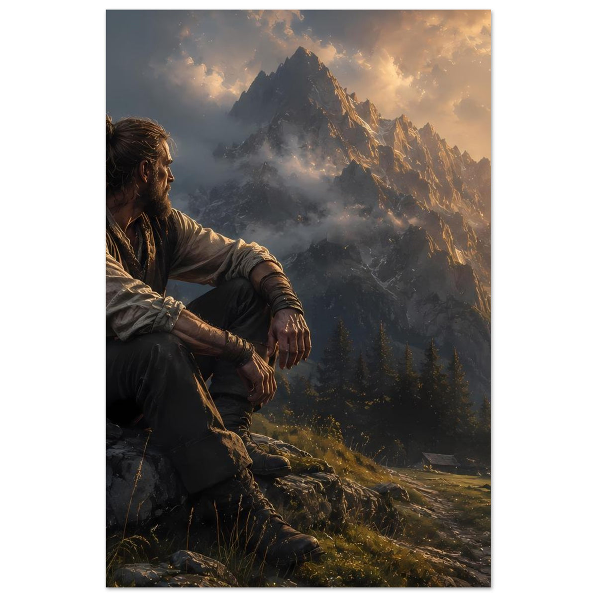Poster (Hochformat): Wanderer auf Fels, Berge und Wald bei Sonnenaufgang