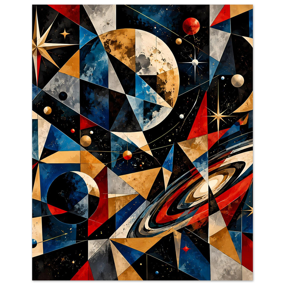 Weltraum-Poster mit Planeten, Mondsichel und geometrischen Blöcken in kräftigem Blau-Rot