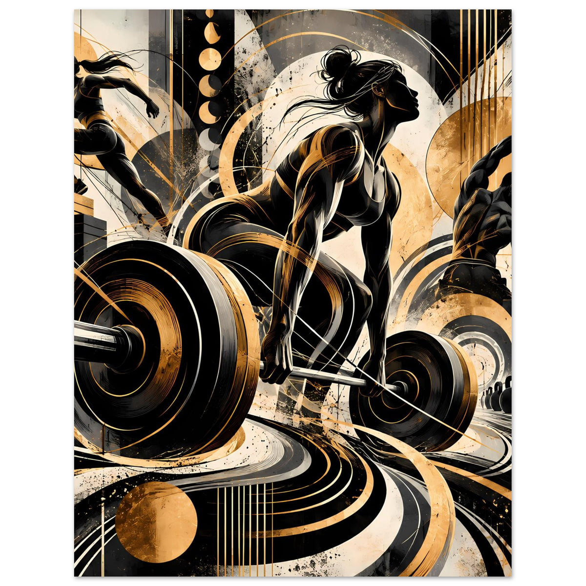 Fitness-Action-Poster mit Frauen-Silhouetten und Hantelstangen in Gold- und Schwarzton-Grafik