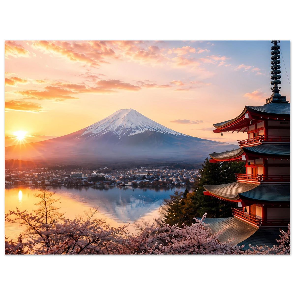 Japanisches Landschaftsposter mit Fuji, Kirschblüten, Tempel rechts und tiefem Sonnenlicht links