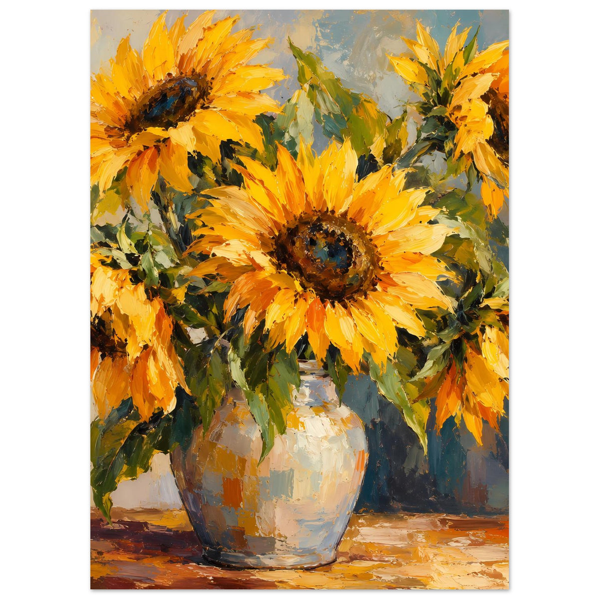 Stillleben-Poster mit Sonnenblumen in weißer Vase, gelb-orange Blüten, detailreiche Schattierungen