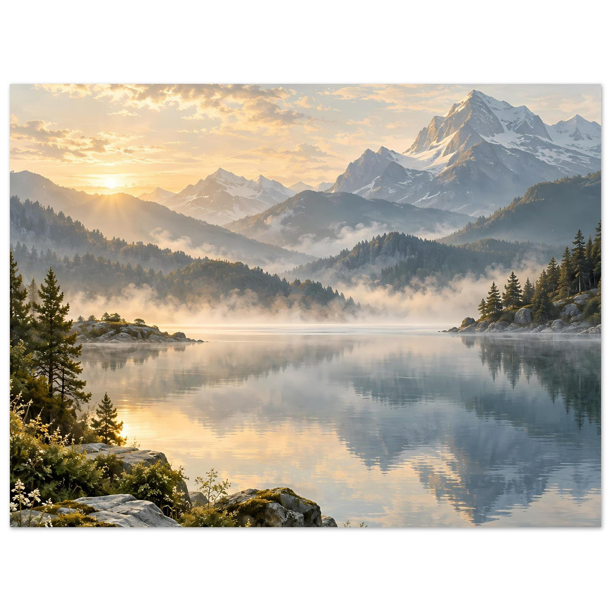 Landschaftsposter: ruhiger Bergsee mit Nebelschleiern und Alpenpanorama im Sonnenaufgang