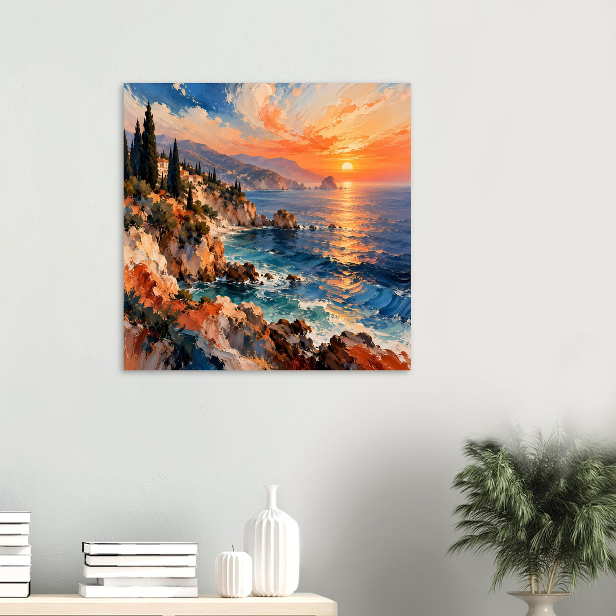 Poster: Küstenlandschaft mit orangefarbenem Himmel, Sonne am Horizont und Wellen