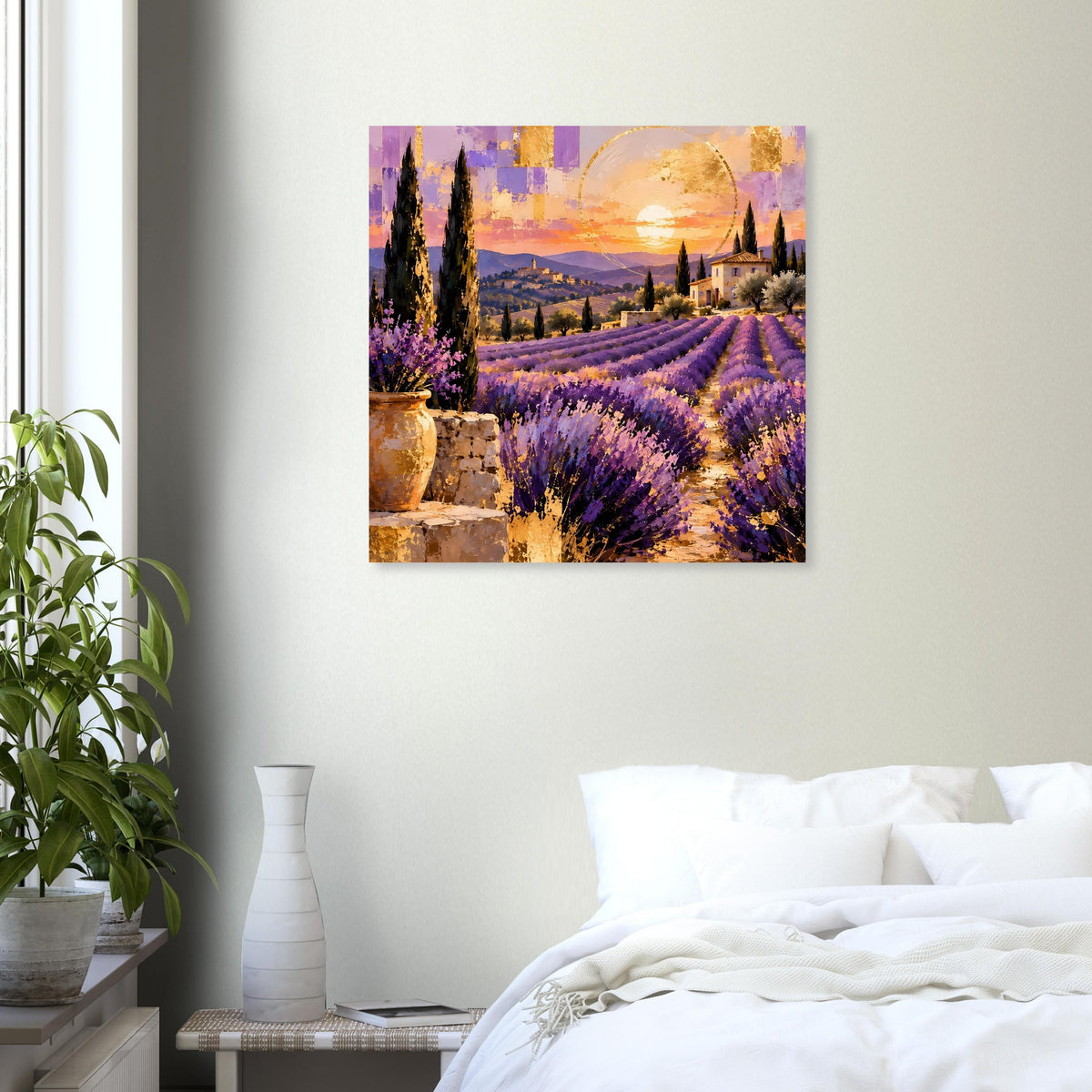 Wandposter mit Sonnenuntergang über Lavendelfeldern und Landhäusern