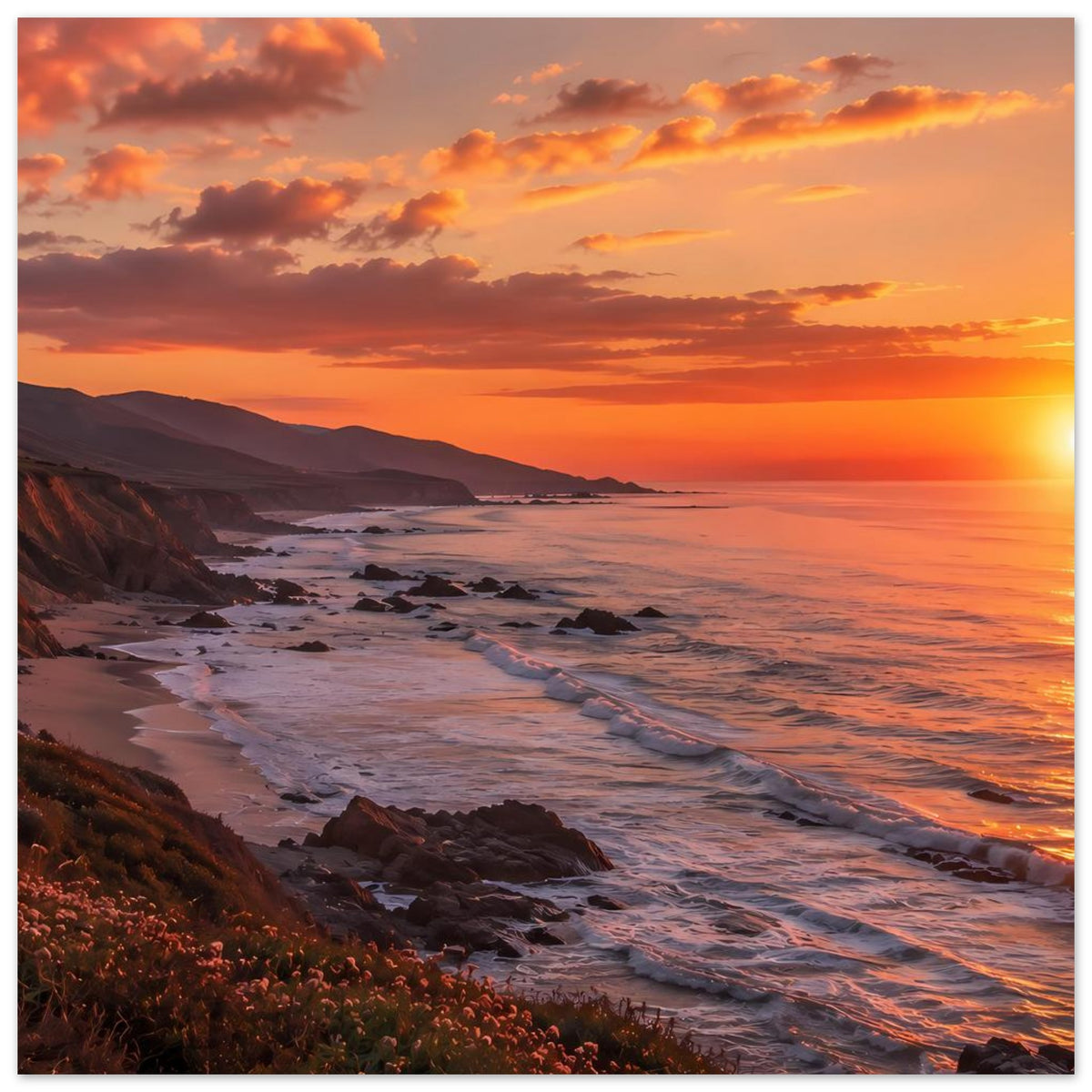 Poster im Hochformat mit Strand und Felsenküste, orangefarbener Sonnenuntergang, ruhige Meereslinie