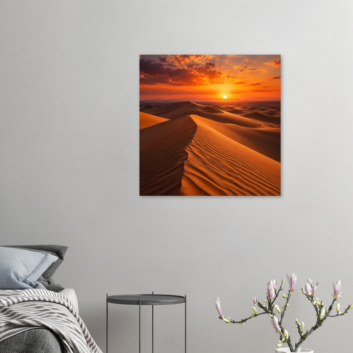 Kleines Poster mit Wüstendünen und Sonnenuntergang, orangefarbener Himmel