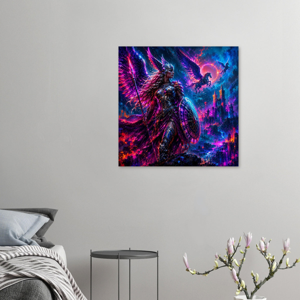 Kleines Fantasy-Poster mit Valkyrie in Rüstung, Speer und Rundschild vor Stadtlandschaft