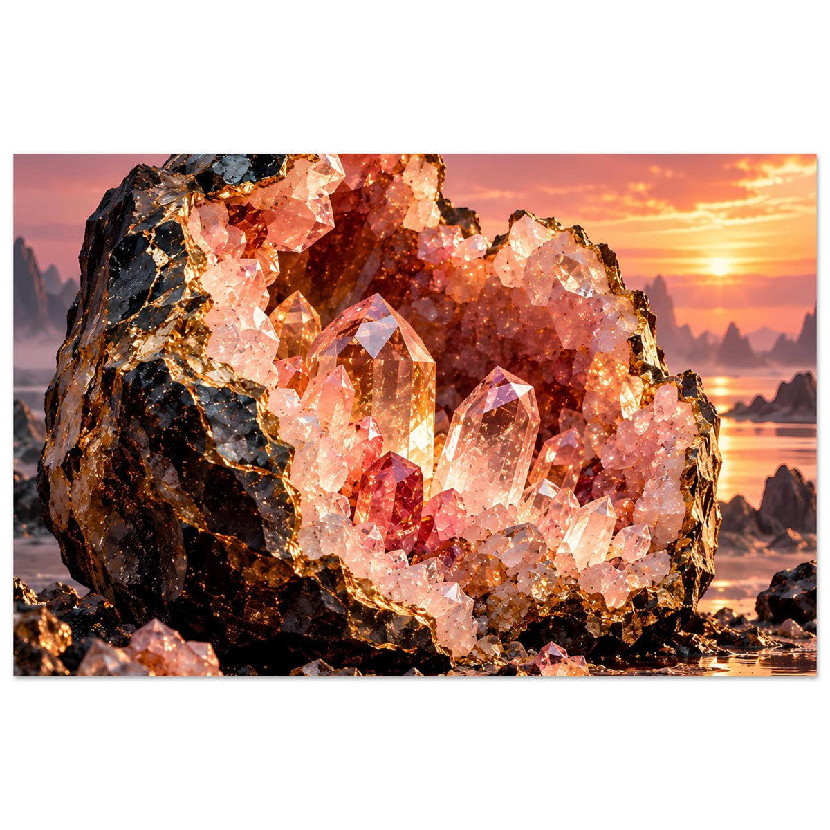 Poster mit leuchtender Kristallgeode, rosa-orange funkelnde Kristalle auf dunklem Gestein