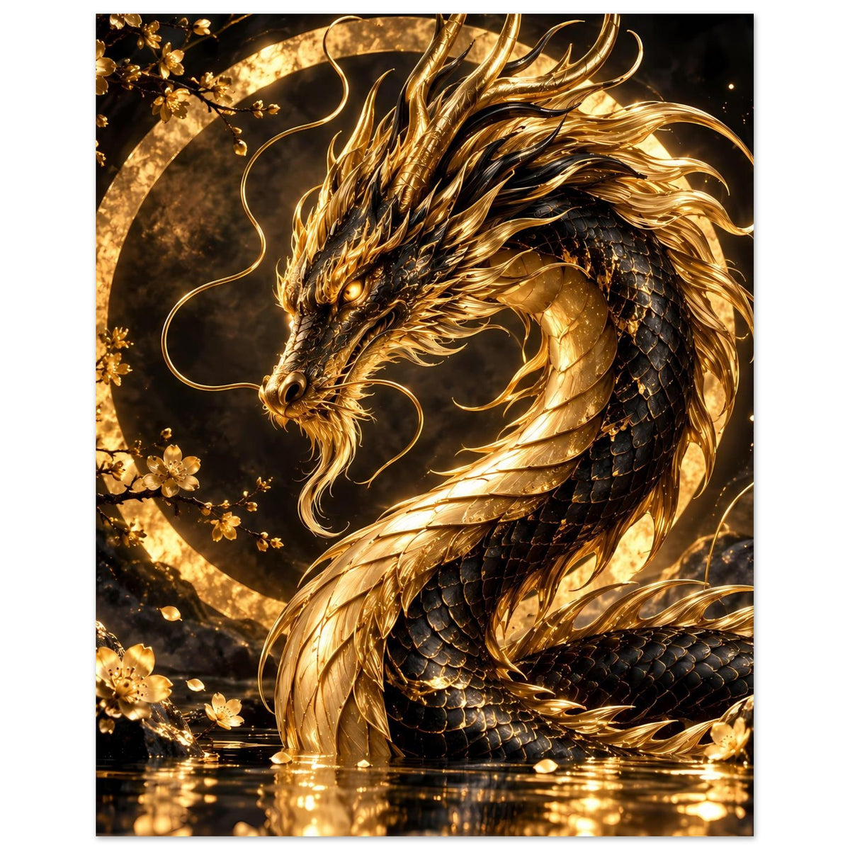 Poster mit goldener Drachenform, Schuppen und Blütenzweigen im Kreis