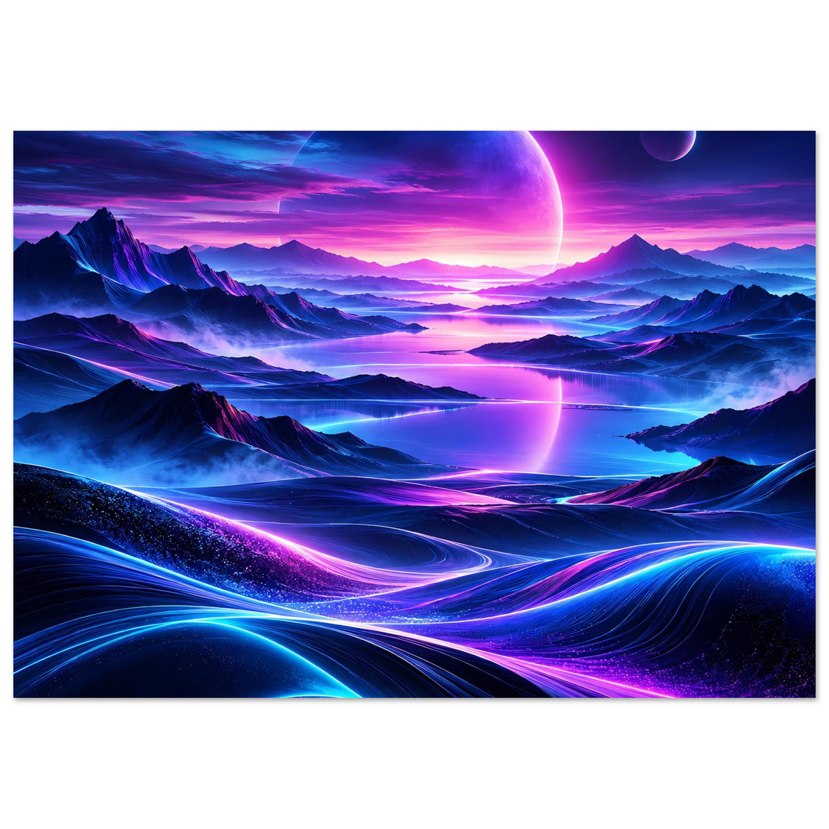 Neon-Weltraumposter im Querformat mit leuchtender Planetenkugel und farbigen Lichtbahnen