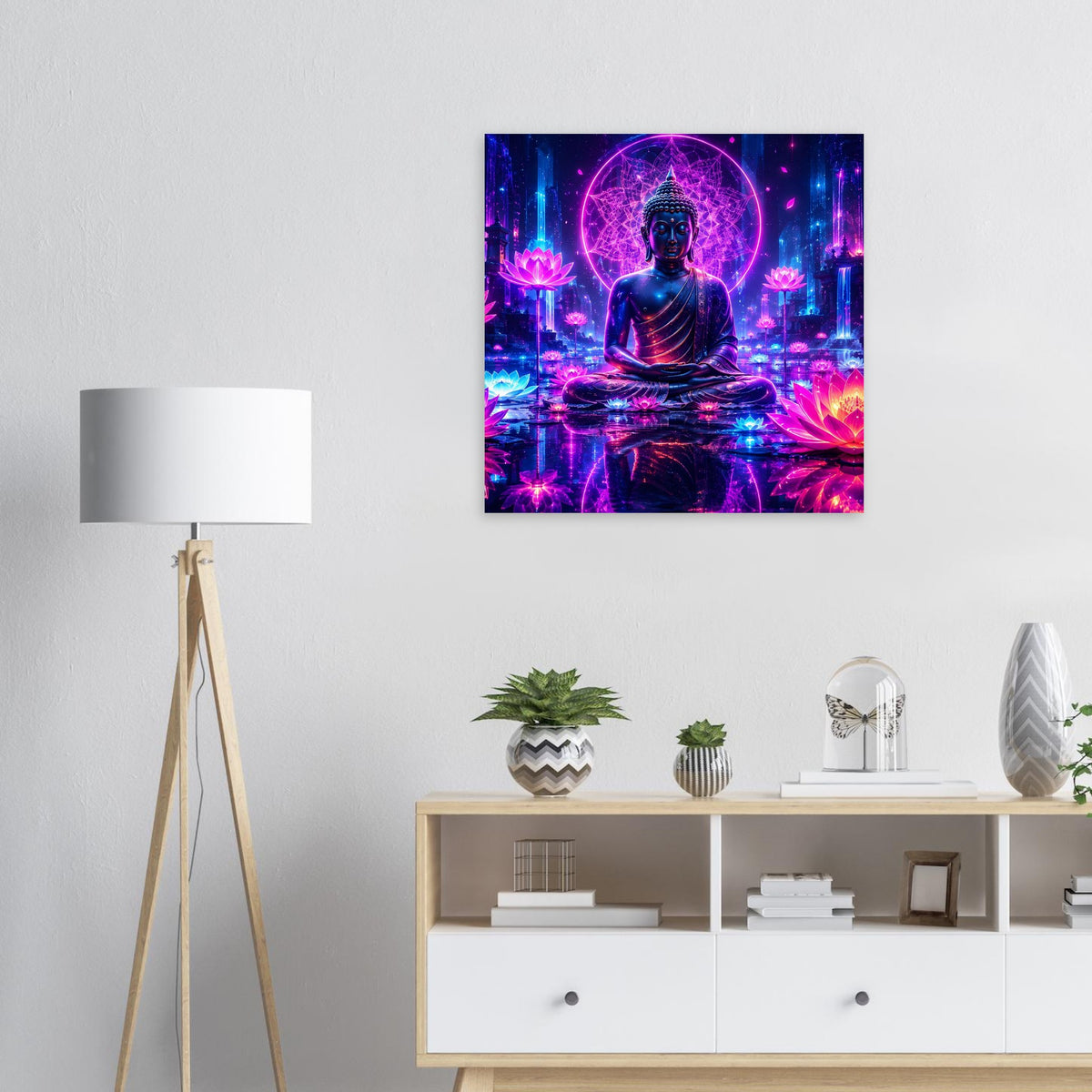 Neon Poster mit Buddha in Meditationshaltung, violetter Leuchthalo und Lotusblüten