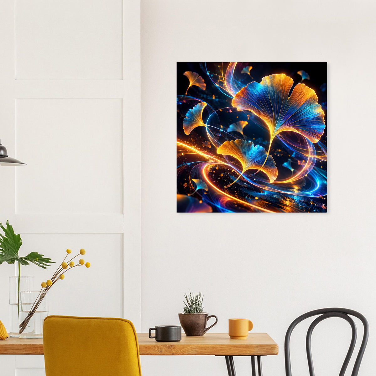 Quadratisches Wandposter mit Ginkgo-Blättern in leuchtendem Blau und Gold, schwarz gerahmt.