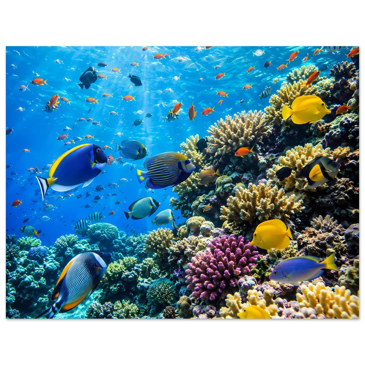 Korallenriff-Poster: große gelbe Zackenfische und bunte Korallen im Blick