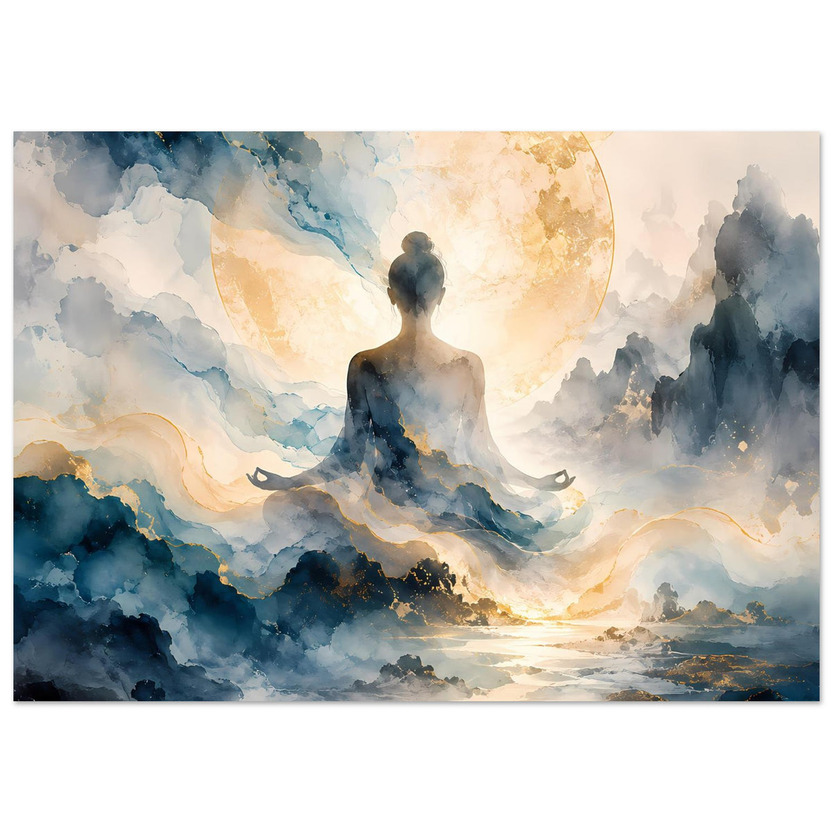 Zen-Poster: meditierende Silhouette in blauen Aquarellwolken, goldener Mondschein